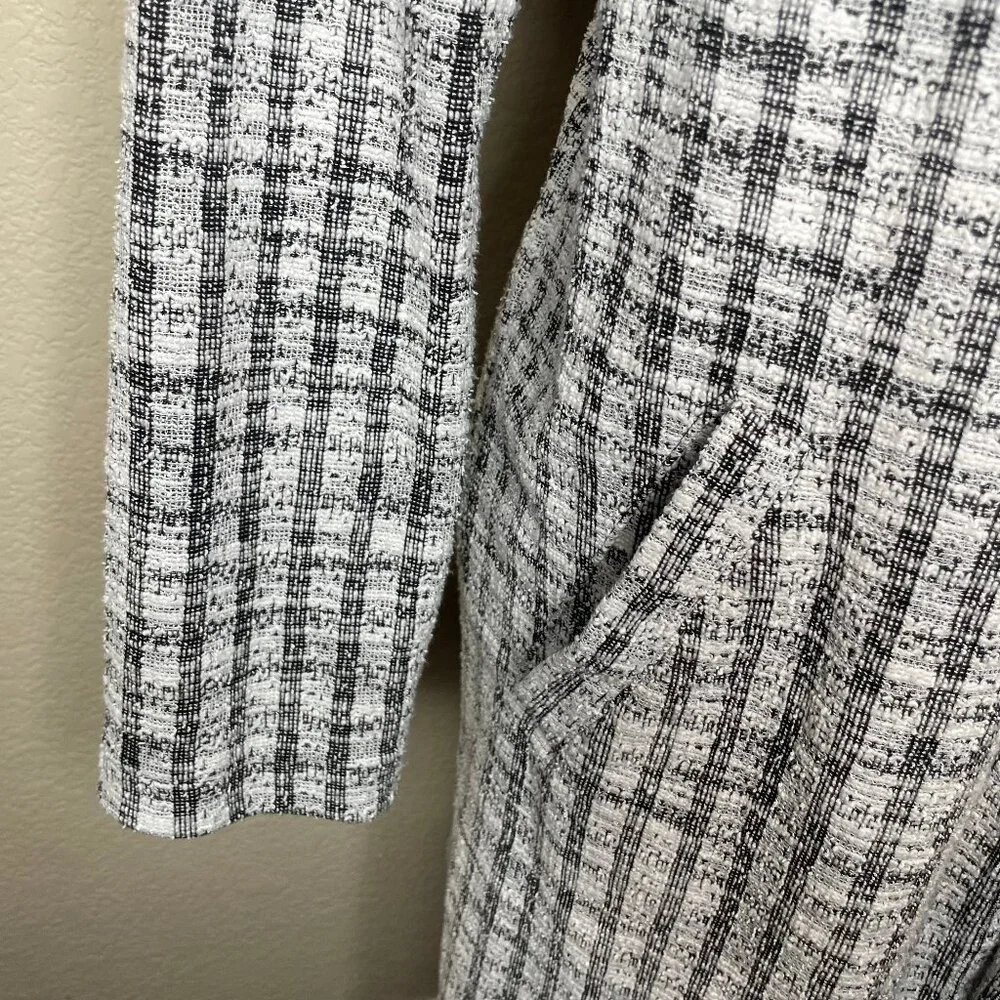 Melloday Black White Plaid Open Front Cotton Blend Longline Coat Jacket M
